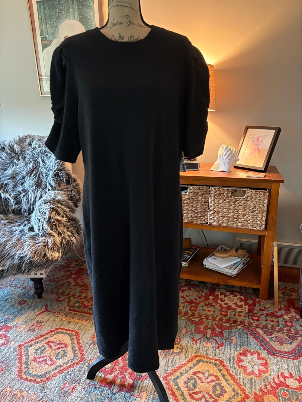 Nine West Black Midi Sweater Dress with Puff Sleeves